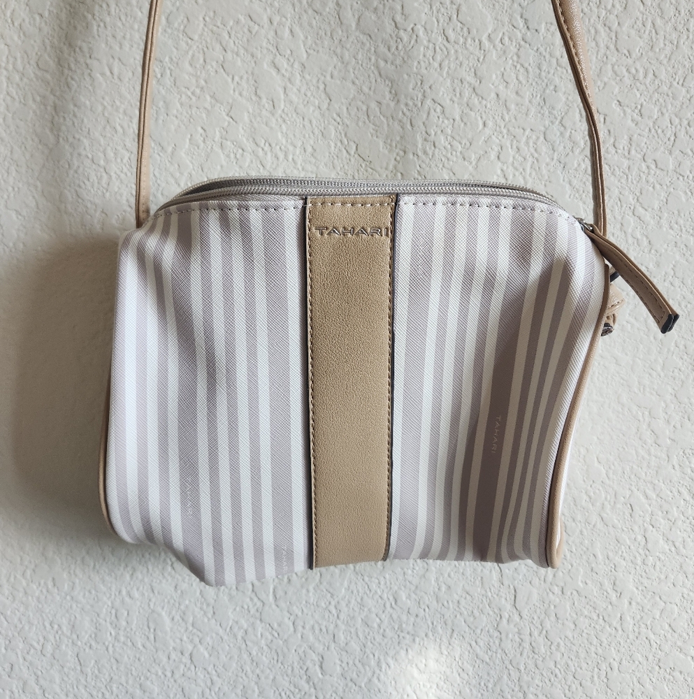 Tahari Beige and White Striped Crossbody Bag